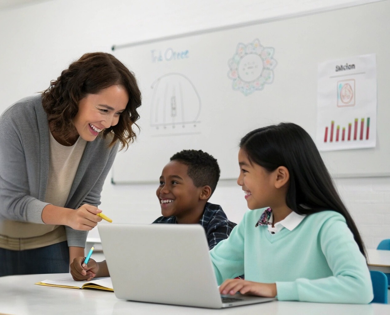 Teacher helping two students working on a laptop in a classroom.