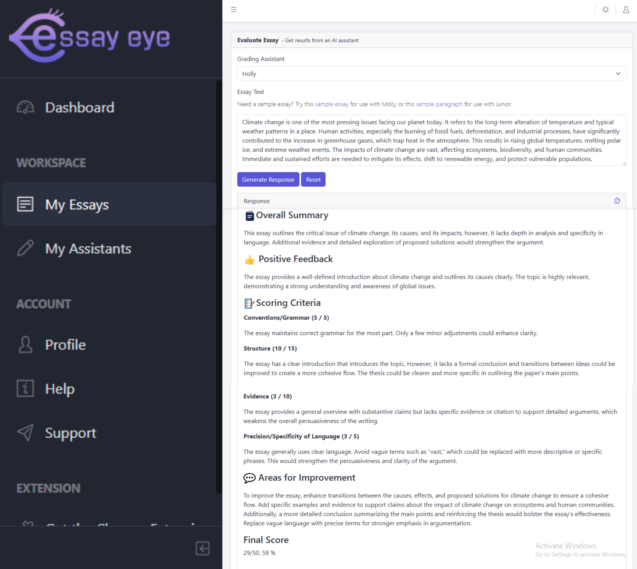 Essay grading tool interface showing feedback, scores, and suggestions for improvement.